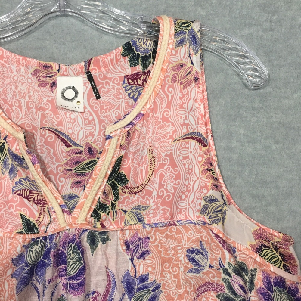 Akemi + Kin M Pink Purple Floral Tank Top Blouse V-Neck Trim Pleated Tropical